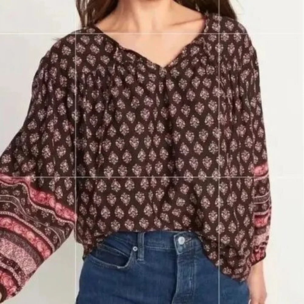 Old Navy Long Ballon Sleeve Smocked Brown Printed Poet Peasant Blouse Size Large